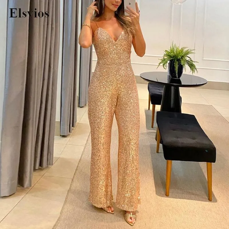 Jumpsuits voor dames romprers dames mode mouwloze slanke romper elegante glitter paillin feest playsuit overalls sexy riemen v nek backless glanzende jumpsuits 230310