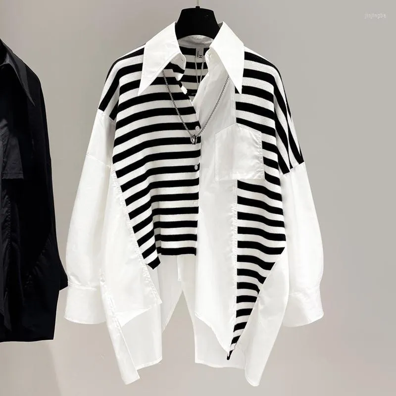 Women's Blouses Asymmetrical White And Black Patchwork Women Shirts Summer 2023 Turn-Down Collar Elegant Office Lady Outwear Coats Tops