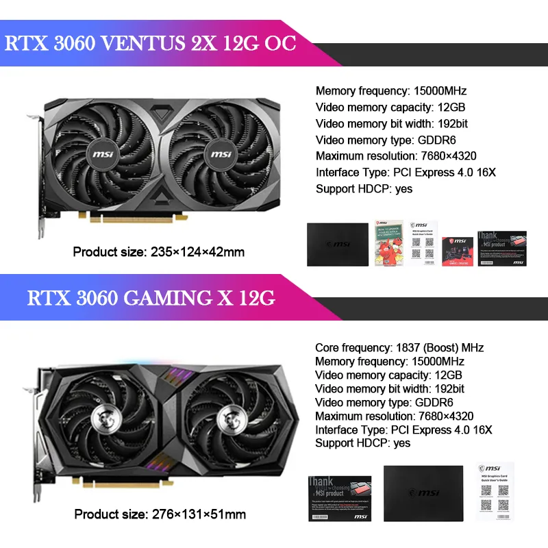 Carte GDDR6 MSI RTX 3060 VENTUS 2X 12G OC LHR RTX 3060 graphique GDDR6 RTX3060 carte vidéo de jeu GDDR6 15000 MHz carte de bureau 3060