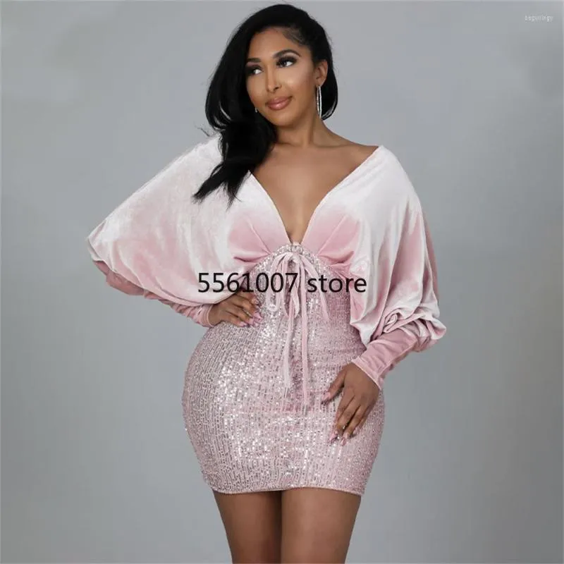 Ethnic Clothing Sexy African Party Dress For Women Dashiki Velvet Glitter Mini Vestidos Vetment Fashion Kaftan V Neck Robes Mujer