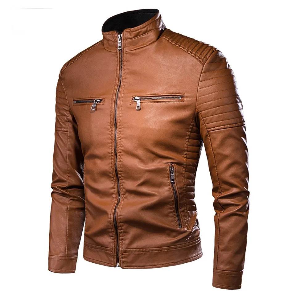 Men's Leather Faux Leather Men Spring Brand Causal Vintage Leather Jacket Coat Men Outfit Design Motor Biker Zip Pocket PU Leather Jacket Men 230310