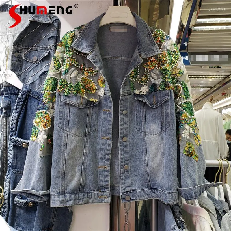 Kvinnans jackor 2023 Spring Autumn European broderi paljetter Stitching Rhinestone Women Denim Jacket Fashionabla löst bantning Jeans Coat