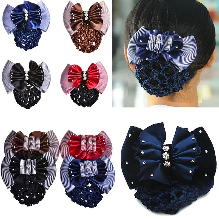 Personlig blommig satin Bow Hair Net Barrette Bank Staff Flight Attendant Nurses Satin Hair Clip Net Snood Women Hair Accessories