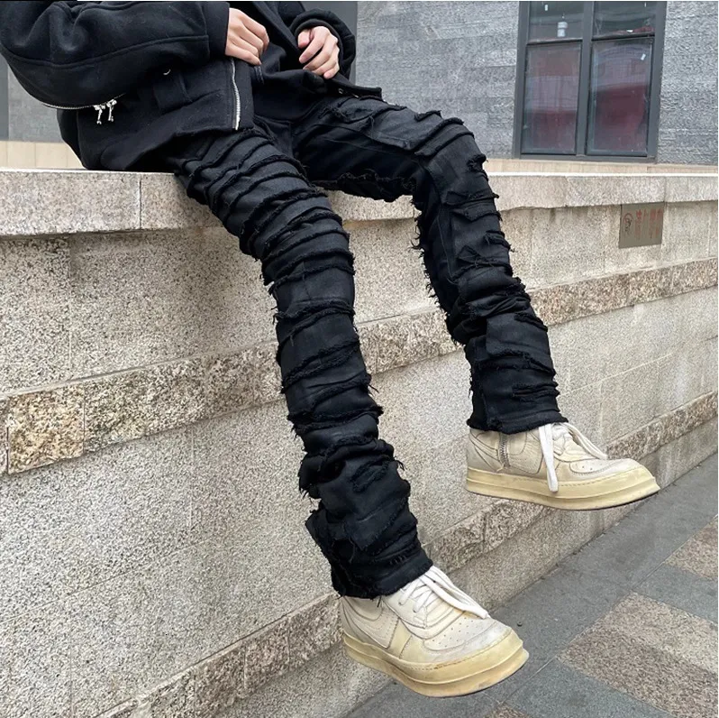 Men's Jeans Heavy Industry Hole Frayed Destruction Waxed Mens High Street Retro Straight Ripped Pencil Pants Oversize Denim Trousers 230309