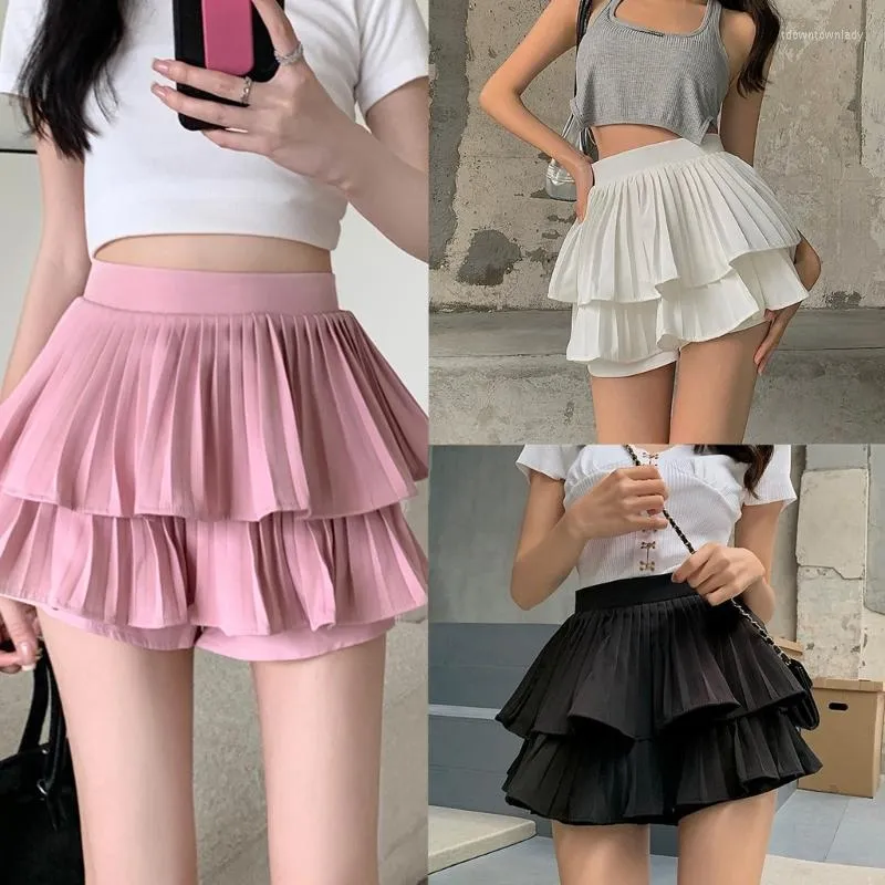 Skirts Plain Solid Color A-Line Mini Shorts Skirt For Womens High Waist Double Layer Tiered Pleated Ruffle Short Skater Skort