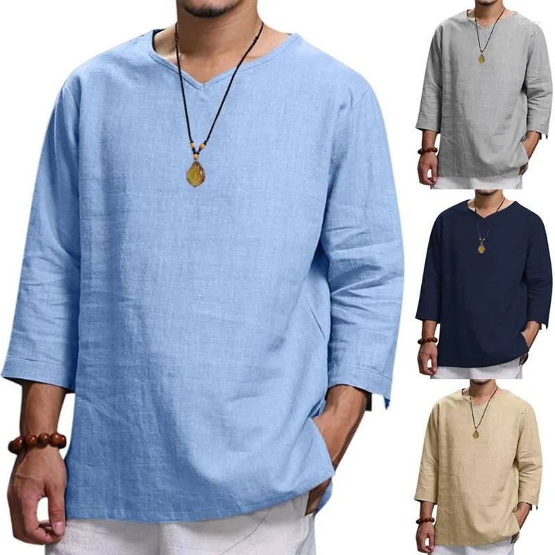 Heren t shirts heren met lange mouwen met lange mouwen v-hals linnen los shirt vaste kleur lange mouw casual mannen tops camisas para hombre 2023 zomer