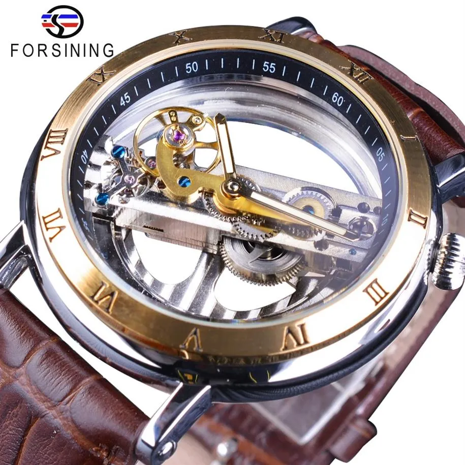 Forsining Double Face Transparent En Cuir Marron Étanche Automatique Hommes Montres Top Marque De Luxe Squelette Creative Wristwatch236y