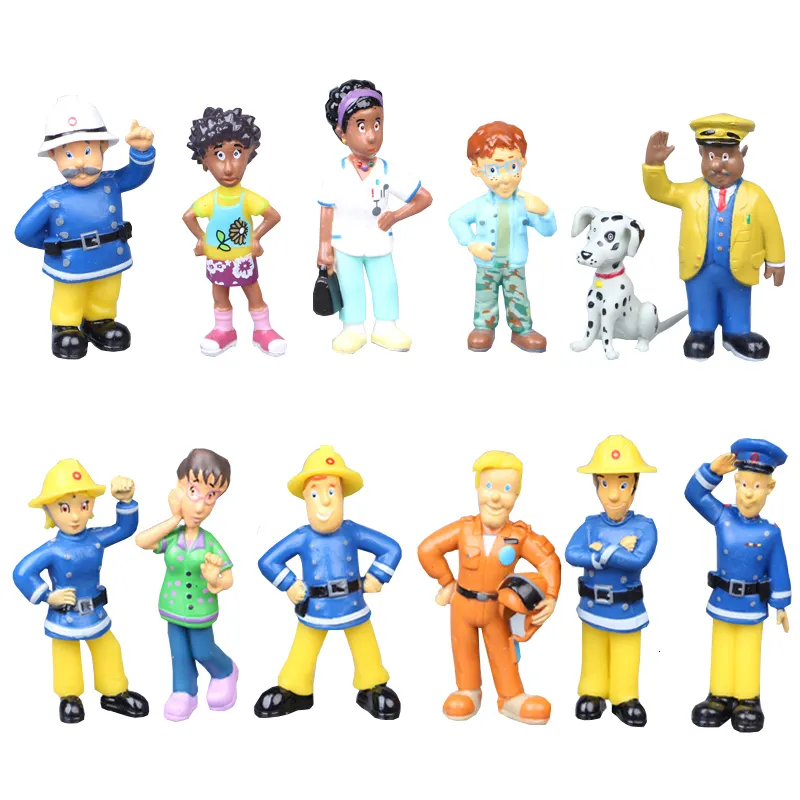 Anime Manga 12Pcsset Fireman Sam Cartoon Anime Fire Fighting Figure Model PVC Doll Toys Boy Girl Toy For Kids Birthday Xmas Gift 230309