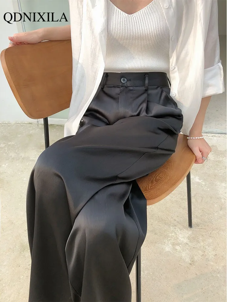 Kvinnor S Pants S 2023 Summer Silk Satin High midja Casual Black Korean Fashion Wide Leg Suit For Women byxor Överstorta 230309