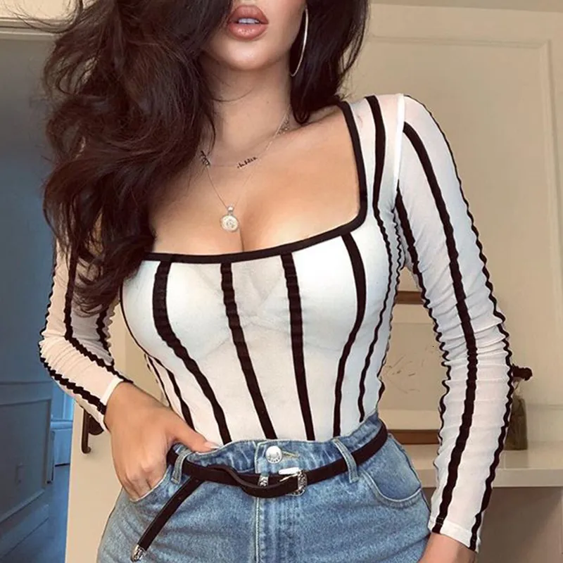 Womens Jumpsuits Rompers High Street White Scoop Neck Mesh Sheer Striped Long Sleeve Women Body Fishnet Top Fashion Seethrough Outfits 230308