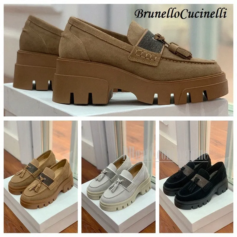 2023 Designer Kvinnor Brunello Martin Dress Shoes Short Ladies Chocolate Borsted Suede Leather Cowhide Loafers Tjock Bottom Cucinelli White Black Platform Shoe 35-41