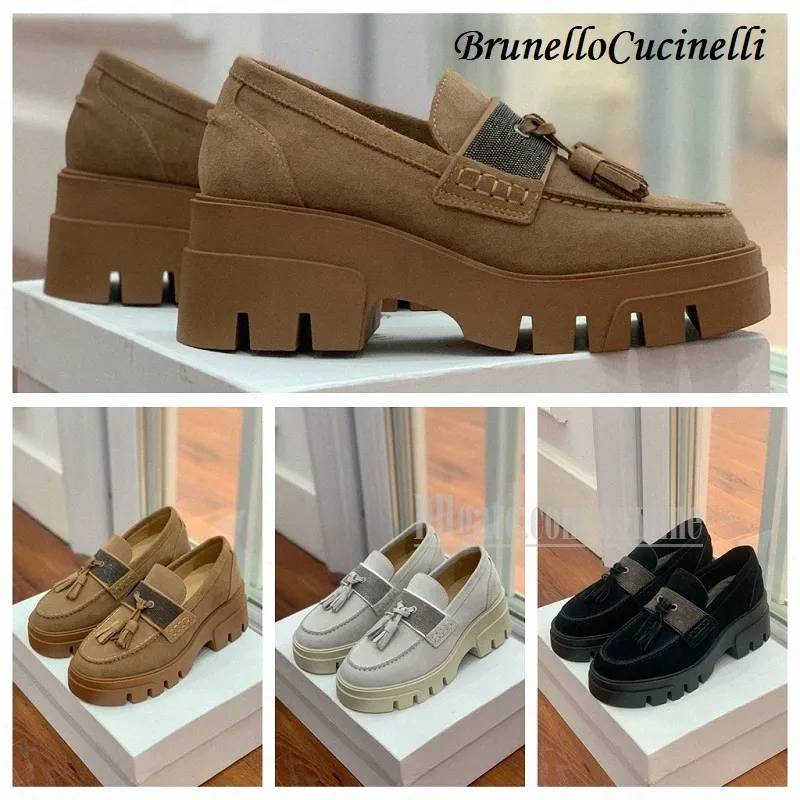 2023 Designer Mulheres Brunello Martin Sapatos de vestido curto chocolate chocolate camurça escova de couro de couro grosso Cucinelli Branco Black Platform Sapato 35-41