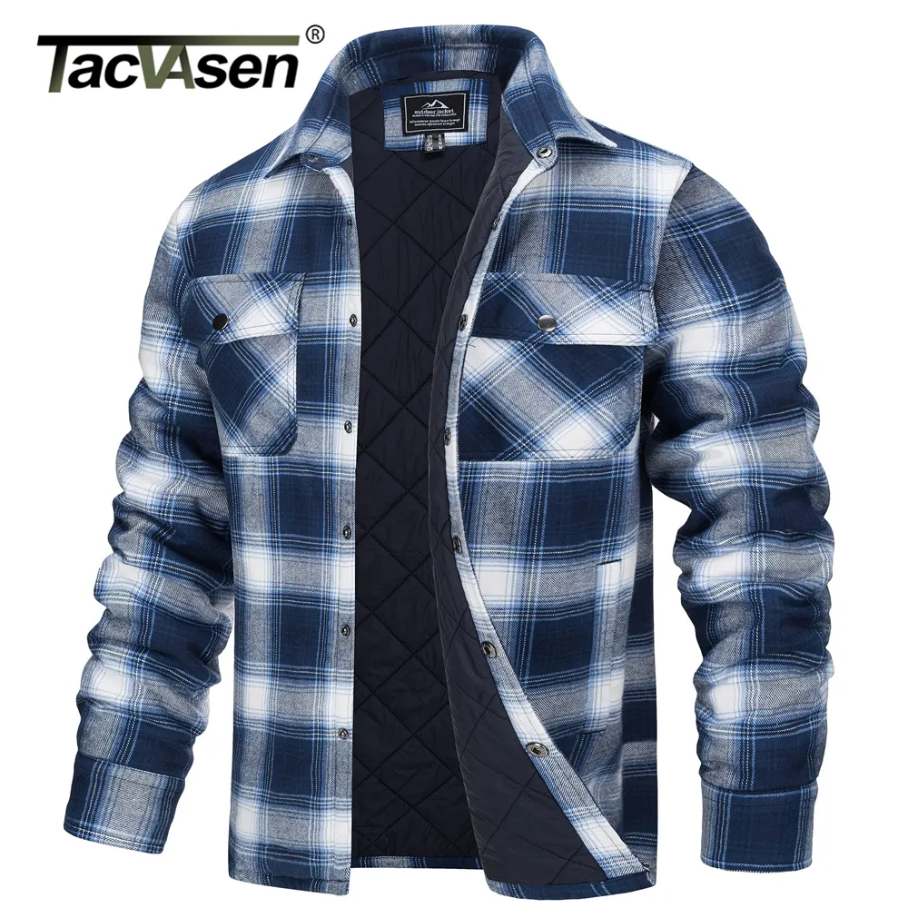 Men's Jackets TACVASEN Winter Plaid Cotton Jackets Mens Long Sleeve Quilted Lined Flannel Shirt Jacket Multi-Pockets Outwear Hiking Coats Tops 230310