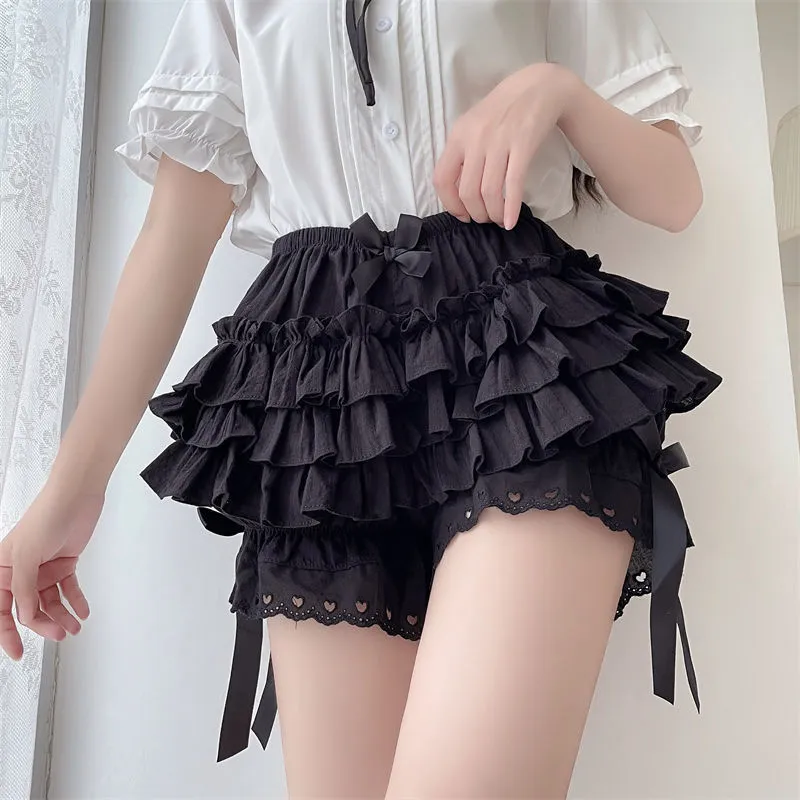 Damen -Leggings Schwarze weiße Rüschenknicker Frauen Kawaii Kürbishöhe süße Spitze Bowknot Lolita Safety Shorts Hosen Vintage Victorian Bloomers 230310