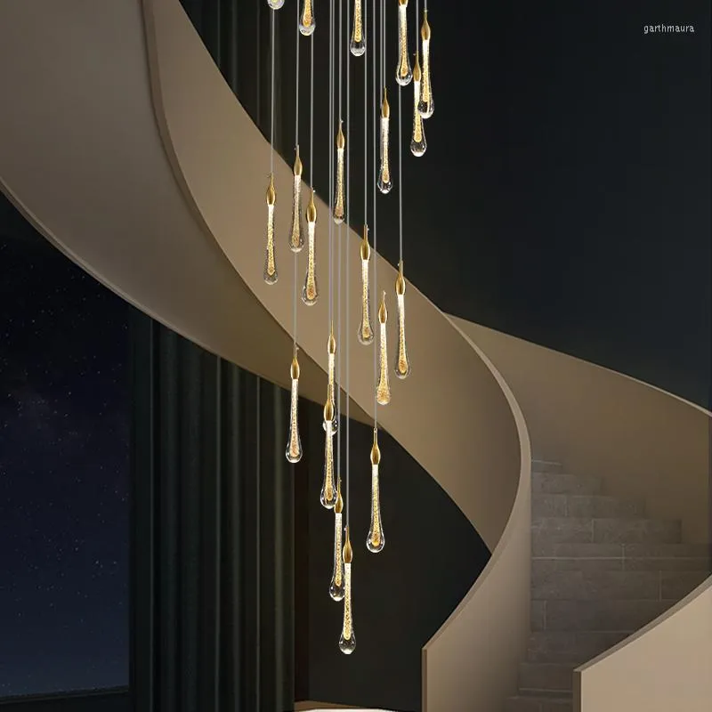 Lampadari Lampada a sospensione moderna dorata Lampadario a goccia di pioggia di cristallo a led Villa Soggiorno Scala Illuminazione per interni Soffitto alto