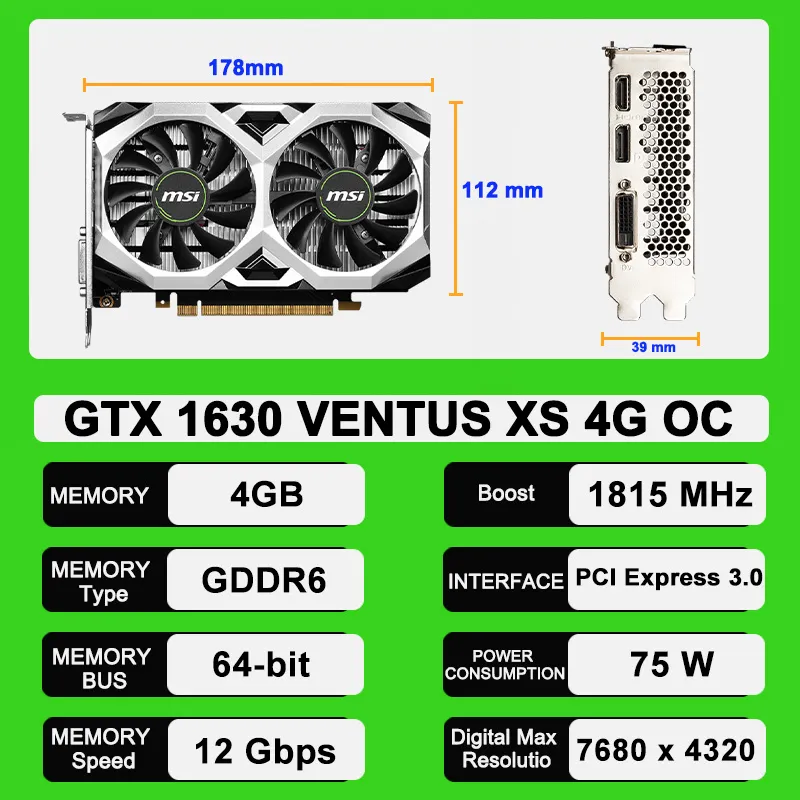 MSI GTX 1630 VENTUS XS 4G OC Placa De Vdeo 4GB GDDR6 12000MHz Support Desktop CPU Motherboard Video Card Pre-sale Product New