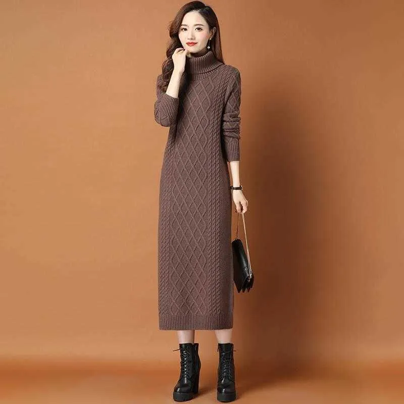 Casual Dresses Long Bottoming Sweater Skirt Over The Knee 2022 Autumn and Winter New Thickened Turtleneck Knitted Dress Women Sweaters Y2302