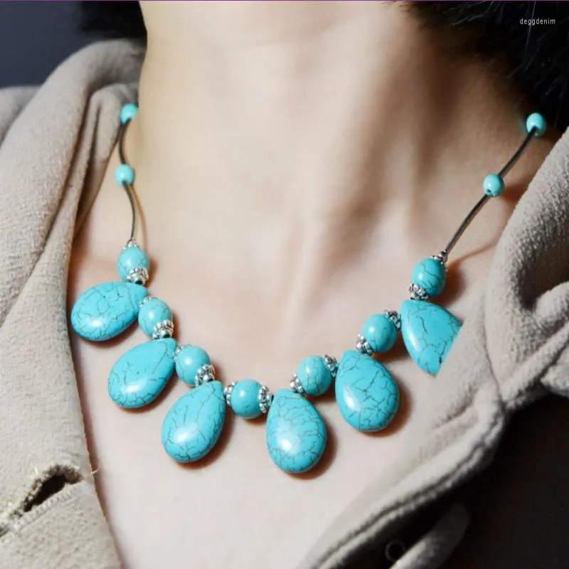 Pendant Necklaces FYJS Unique Silver Plated Stackable Water Drop Green Turquoises Stone Necklace Ethnic Style Jewelry