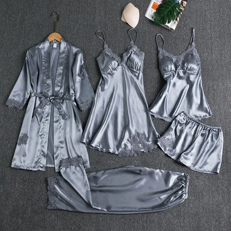 Kobietowa odzież sutowa Kobieta 5pcs Pajama Zestaw Satynie Pyjamamas koronkowy patchwork ślub ślubny Rayon Rayon Home Nose Night Robe Suit 230310