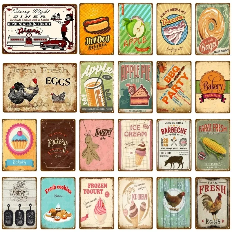 Boulangerie rétro signe en étain décor ferme oeufs frais maïs signes en métal crème glacée tarte aux pommes dîner peinture affiche Pub Bar maison plaque décorative BBQ décor taille 30x20 cm w02