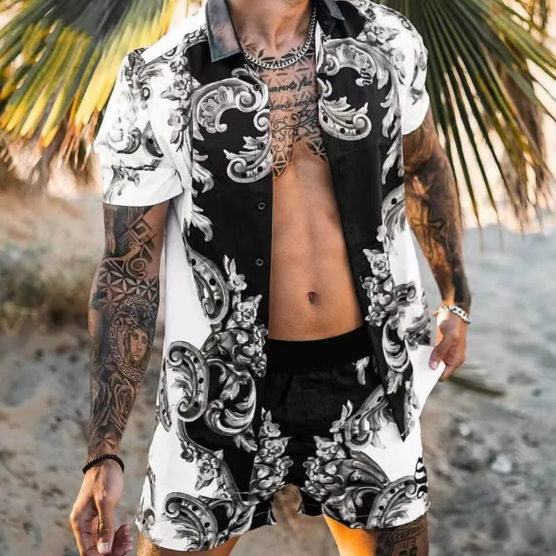 Moda uomo Tute corte Pantaloncini casual Tuta Stampa Tute da ginnastica Set Hip Hop Street Style Pantaloni da spiaggia Hawaii set camicie firmate stampa camicia per il tempo libero