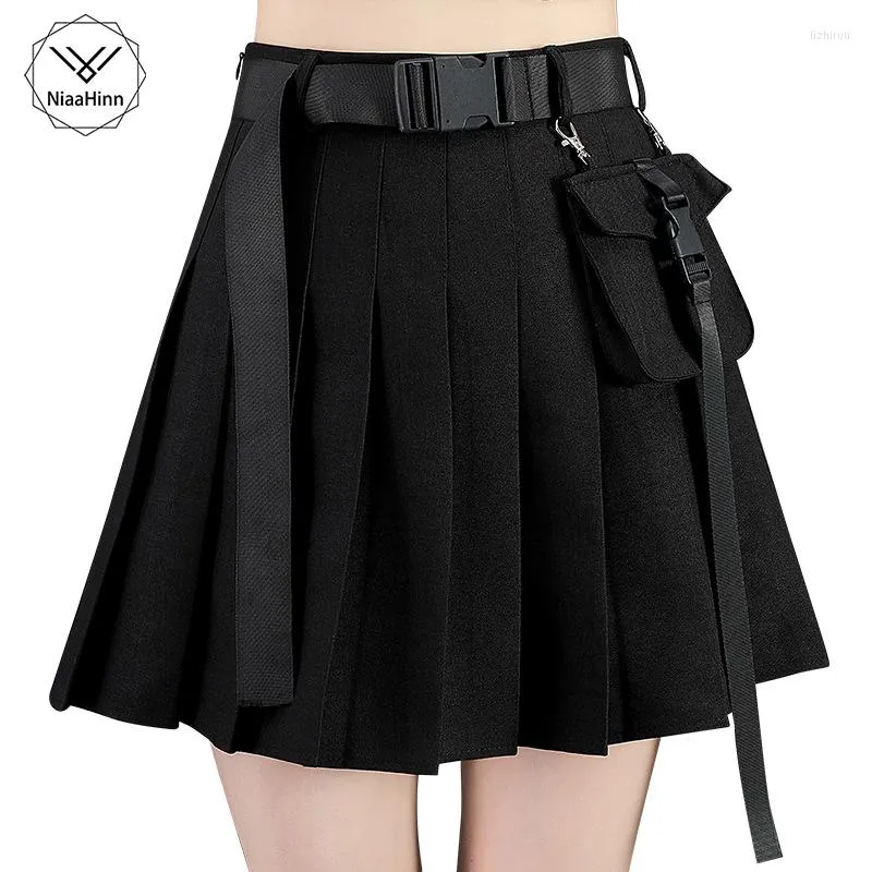 Kjolar sommarpunk japanska overaller hög midja a-line kjol kvinnlig koreansk version svart smal ficka fast färg veckad