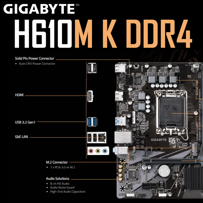 Carte mère Gigabyte H610M K DDR4 Intel H610 prise en charge LGA 1700 12e et 13e génération CPU 64 Go PCI-E4.0 M.2 Office M-ATX carte mère nouveau