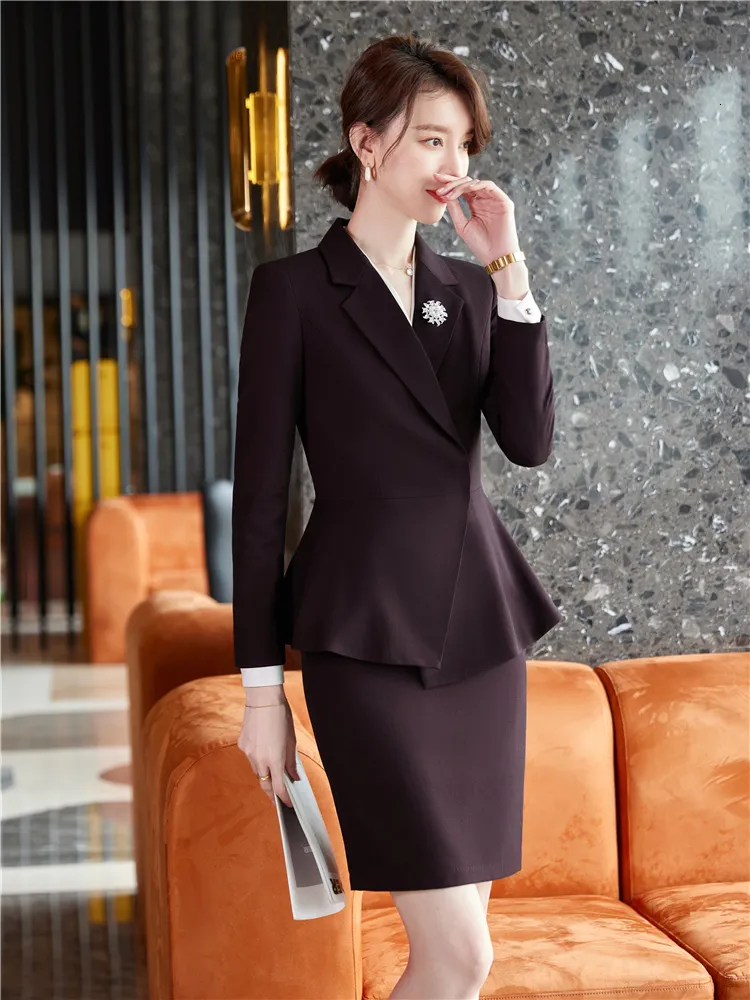 Damenanzüge, Blazer, modischer Damen-Rockanzug, formelle Damen-Büro- und Business-Arbeitskleidung, Blazer und Hose mit Rüschensaum, Weinrot, Schwarz, 2-teiliges Set 230310