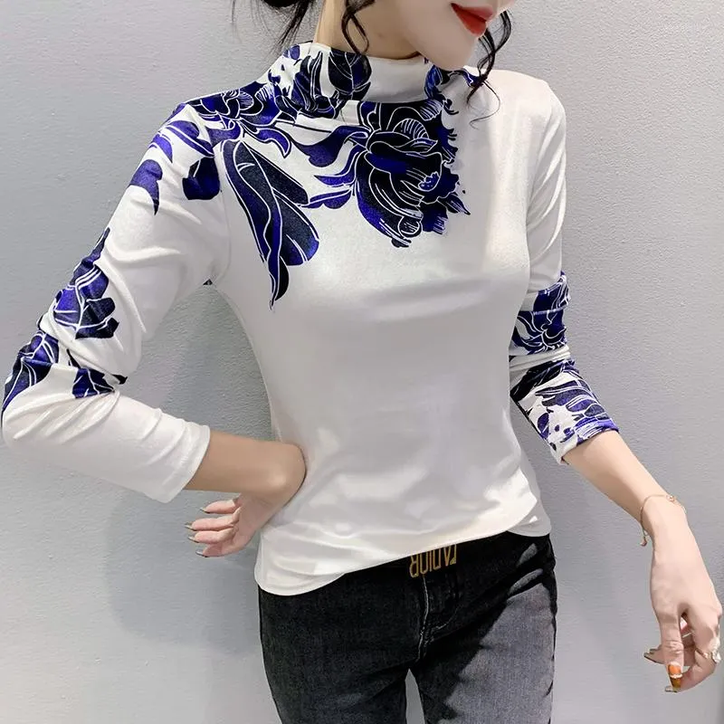 Blouses pour femmes automne hiver femmes vêtements 2023 mode doré velours Blouse fleur imprimé chemise demi col haut à manches longues décontracté hauts