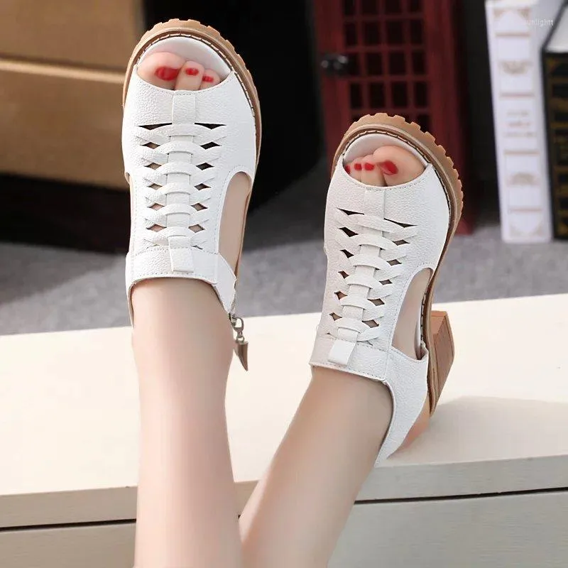 Dress Shoes Fashion Elegant Mid Square Heel Women's Sandals Summer Style Peep Toe Cross Tied Side Zip Design Woman