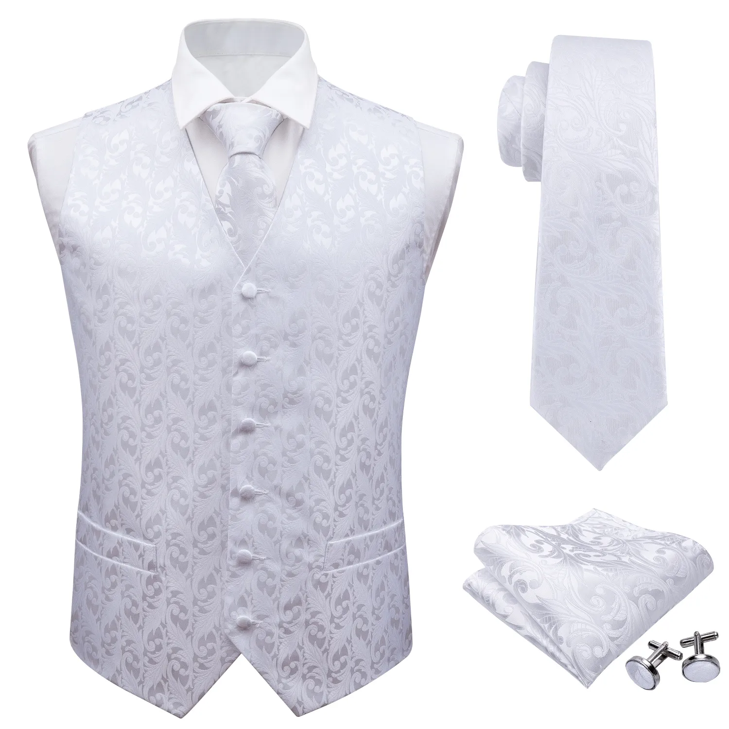 Mäns västar Barry.Wang Mens Classic White Floral Jacquard Silk Waistcoat Vests Handkuft Party Wedding Tie Vest Suit Pocket Square Set 230310