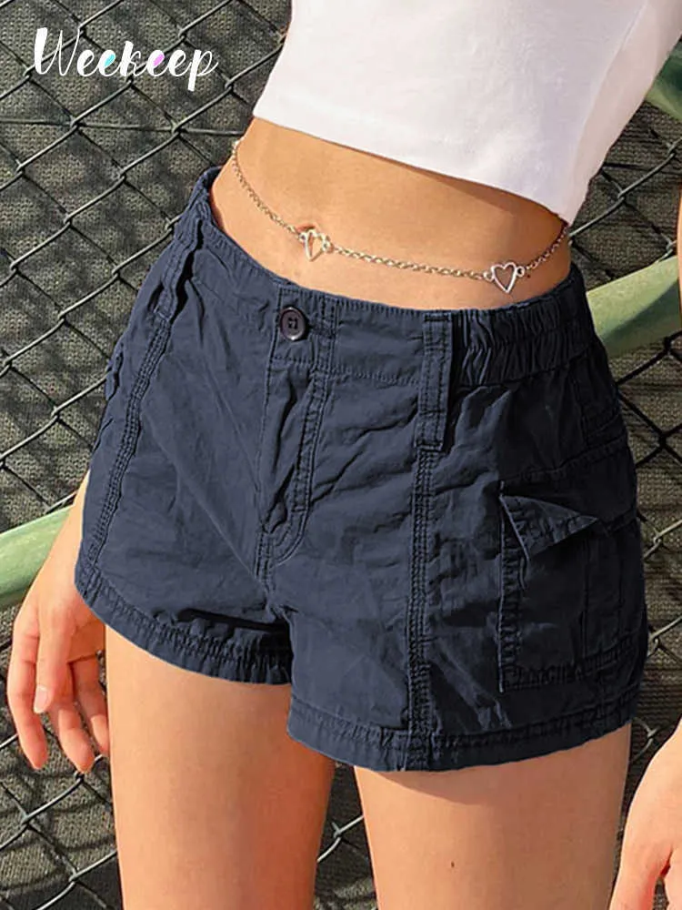 Kvinnors byxor Capris Weekeep Streetwear Cargo Shorts Y2K Gray Low Rise Super Short Casual Pants Women Korean Fashion Stitching Pocket Pants Harajuku L230310