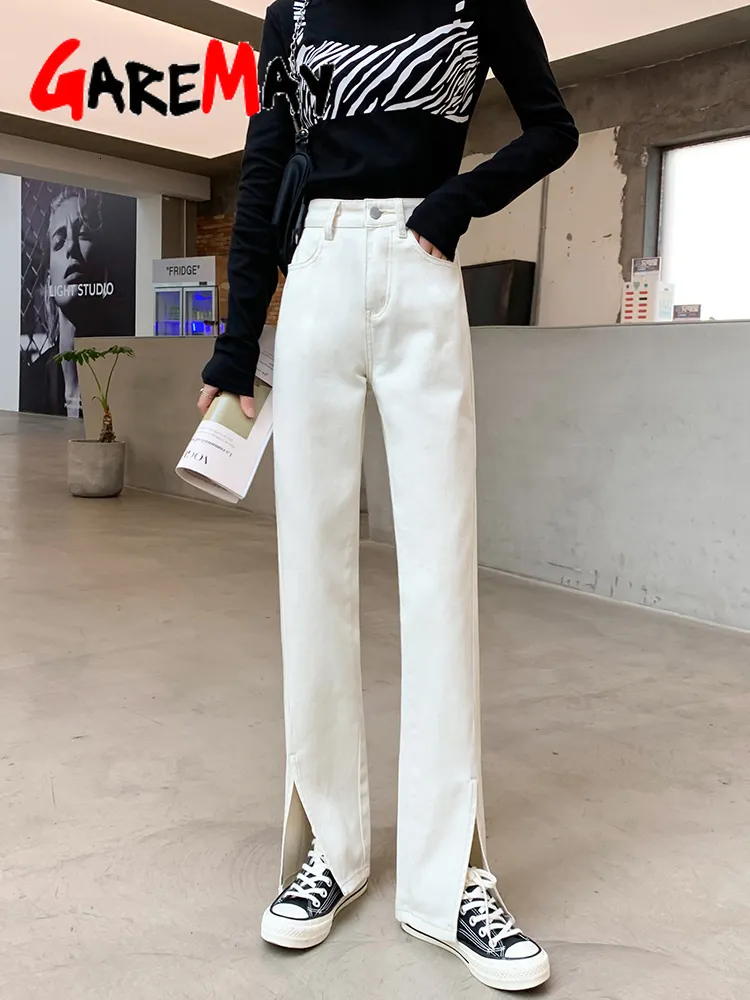 Damesjeans Straight been Witte jeans Vrouwen losse hoge taille moeder jeans vrouwen fronthant spleet denim broek vintage gestapelde jeans vrouwen 230310