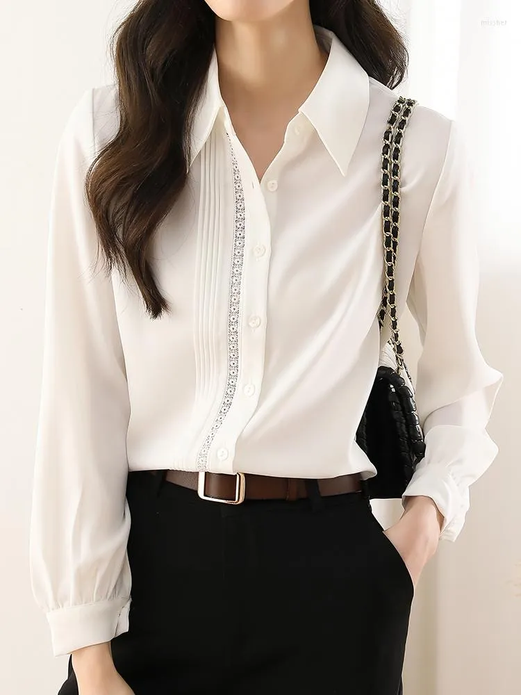 البلوزات النسائية Qoerlin Pleated Decor Hollow Out White Shirt Office Office Londly Down Long Sleeve Blouse Tops Tops Tops Workwear