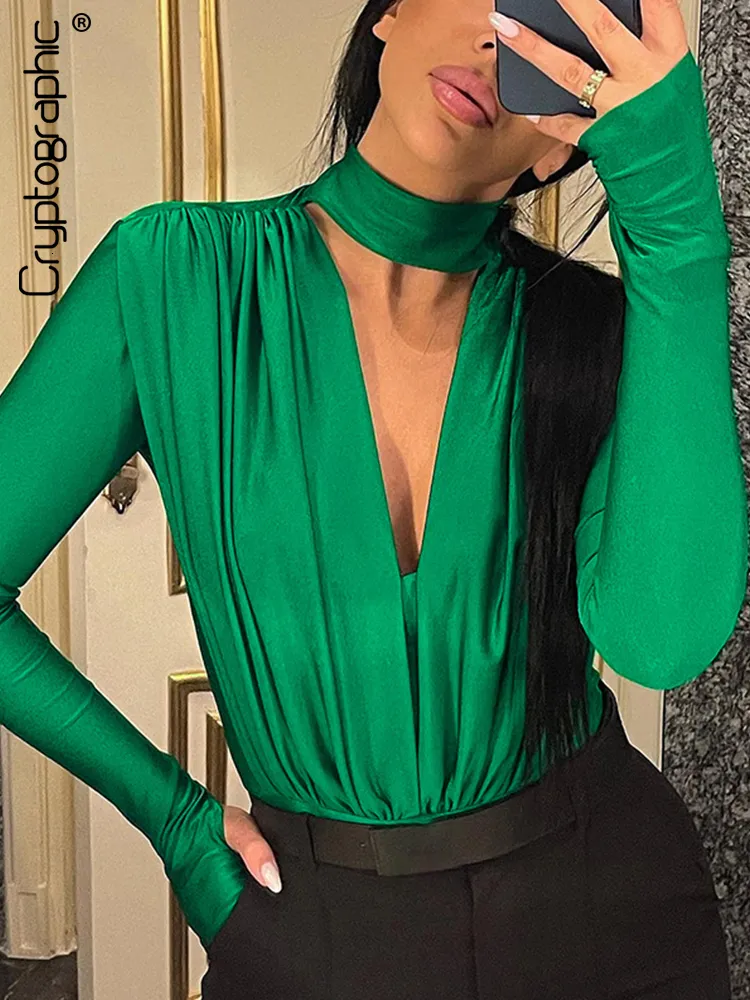 Women's Jumpsuits Rompers Cryptographic Fashion Outfits Halter Sexy Draped Bodysuits for Women Long Sleeve Ruched Tops Elegant Bodysuit Clothes 23 230308