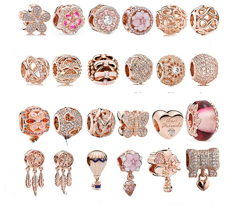 925 pund silver Ny modecharm för Pandora 2023 Rose Gold Magnolia Flower Dream Net Hollow Pärltillbehör Pärlor