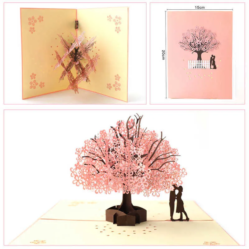 Presentkort 3D POP UP Card Wedding Cherry Tree Invitation Card Valentine's Day Jubileum gratulationskort handgjorda gratulationskort present Z0310