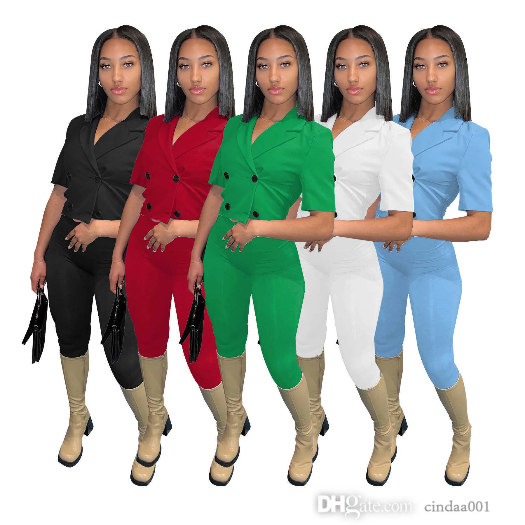 Summer Silm Suit Women 2 피스 바지 세트 디자이너 2023 패션 더블 가슴 짧은 슬리브 작물 탑 의상