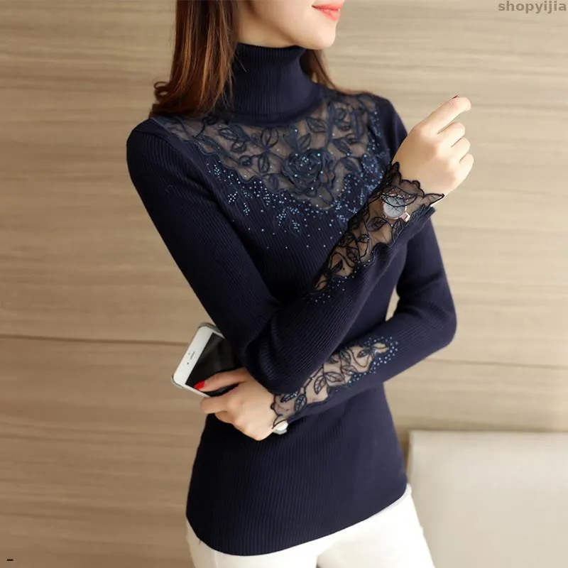Chandails pour femmes produit fleur robe chemise hiver mince tricoté dentelle revers sweat coréen