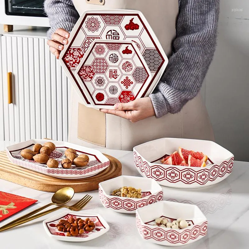 Bowls Fu Character Square Ceramic Rice Bowl Plate Household Creative And Dishes Combination Set Good-looking