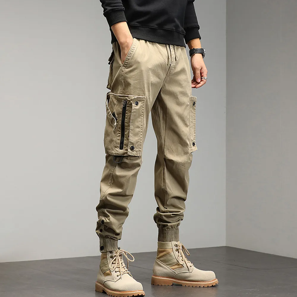 Men's Pants Khaki Cargo Pants Men Drawstring Ankle Length 9 Part Trousers Streetwear Fashion Cotton Pants Men Casual Work Pants Military 230310