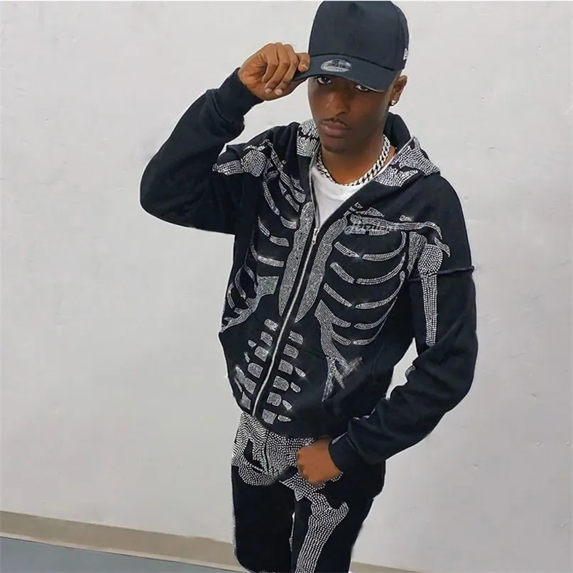 Sudaderas con capucha para hombre Sudaderas con cremallera completa Sudadera con capucha Skeleton Goth Sport Pareja Traje Negro Manga larga de gran tamaño Grunge Y2k Chaqueta de hip hop 230309