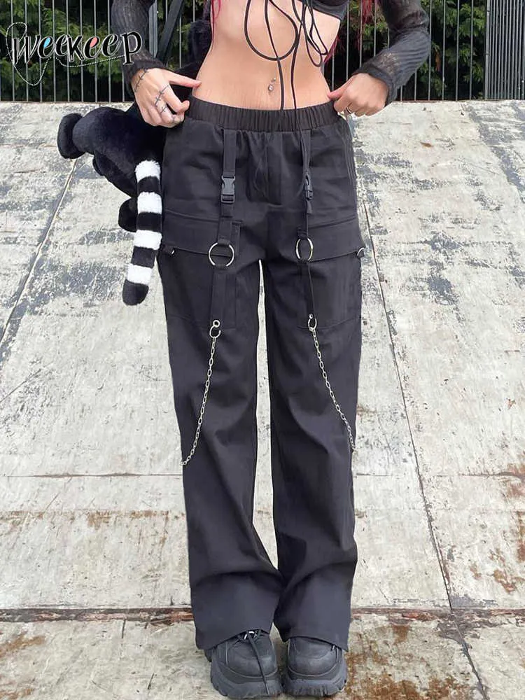 Women's Pants Capris Weekeep Gothic Black Cargo Pants Punk Style Chain Ribbon Sweatpants Elastic Low Rise Baggy Casual Pants Womens Jogging Trousers L230310