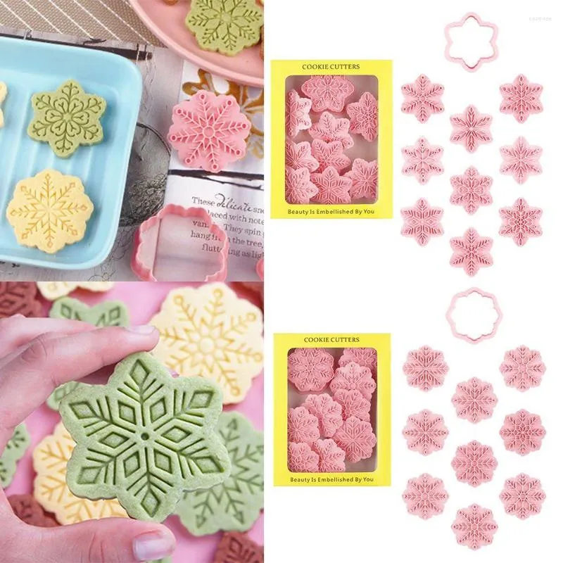 Moldes de cozimento 9pcs/conjunto 3d Snowflake de Natal Biscoito Biscoito Cutador de biscoitos ABS Ferramentas de decoração de molde de plástico