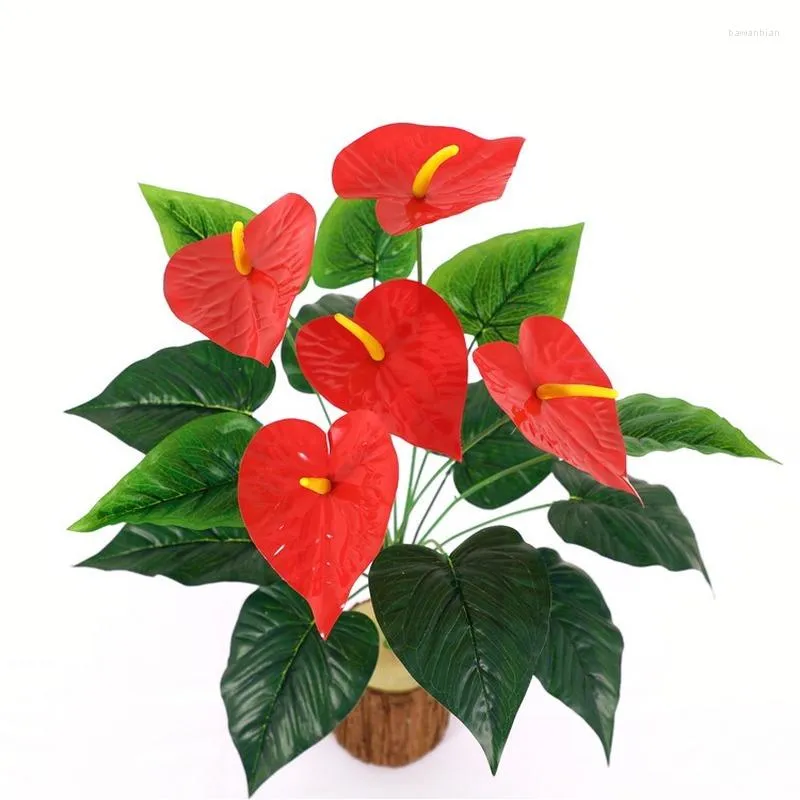 Decorative Flowers 18fork/branch Red Anthurium Over Glue Simulation Green Plants Living Room Balcony Shopping Mall Decoration Fake Flower