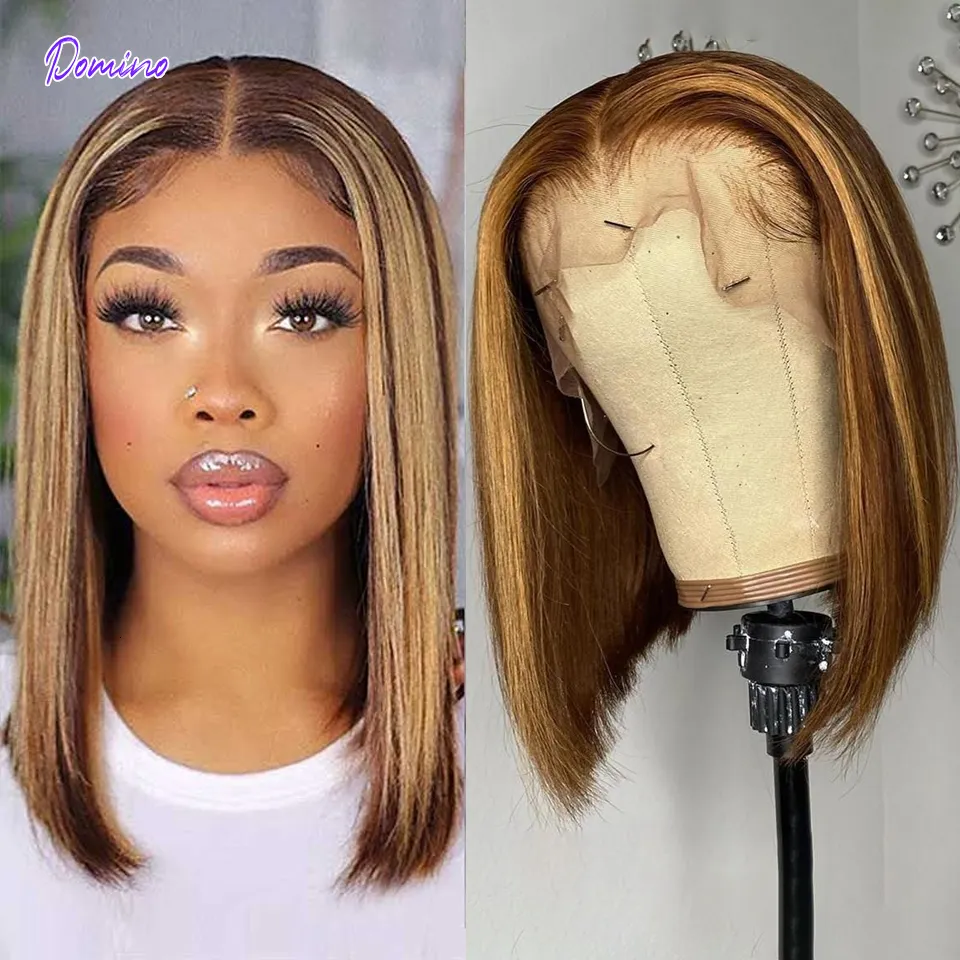 Lace Wigs Domino Highlight Bob Wig Human Hair Brazilian Ombre Lace Closure Wig T Part Human Hair Wig Short Bob Human Hair Wig For Women 230310