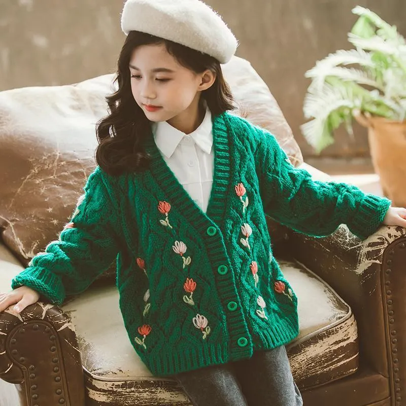 カーディガン秋の子供アウターウェアの服の女の子刺繍編みベビーセーターキッズウールブレンドベビークロスかわいいセーター230310
