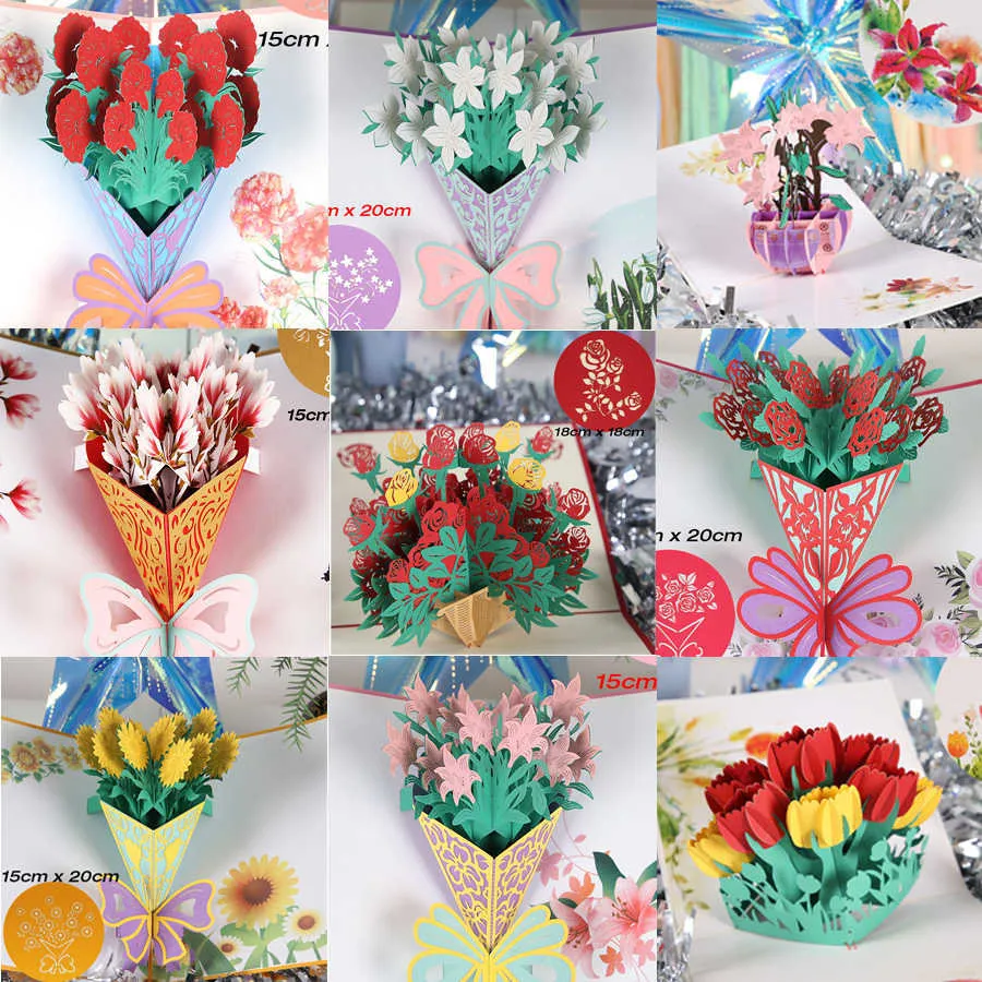 Presentkort 3D POP -up Flower gratulationskort Födelsedaginbjudan Kort handgjorda fjäril tackar du vykort fru mamma flickvän lärare gåva z0310
