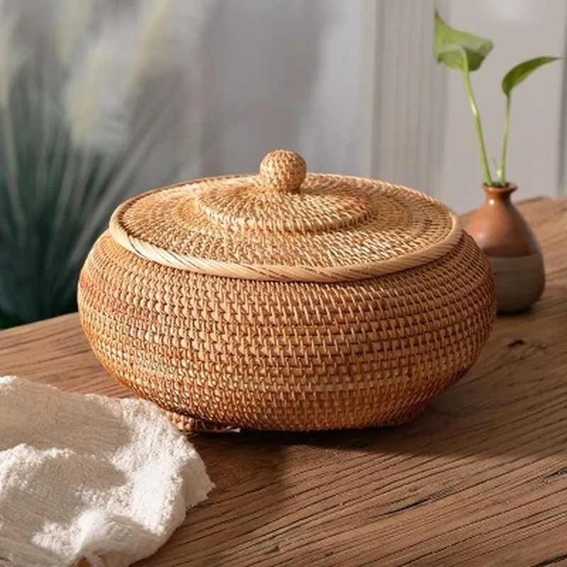 Cestini portaoggetti Scatole rotonde in rattan con coperchio Vassoio in vimini multiuso intrecciato a mano 11 pollici Picnic Food Pane Cestino portaoggetti WF 230310