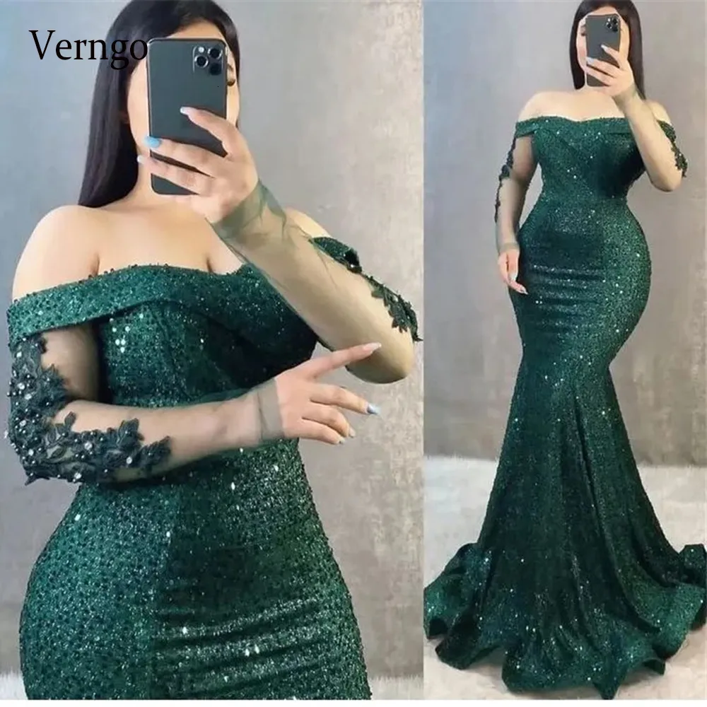 Вечеринка платья Verngo Sparkly Sequin Green Romaid Вечерние платья с плеча с длинными рукавами аппликация арабских женщин формальные плюс плать